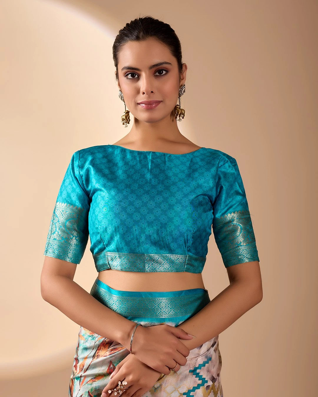 Beige Digital Print with Zari Woven Border Soft Lichi Silk Saree – Kalyanja